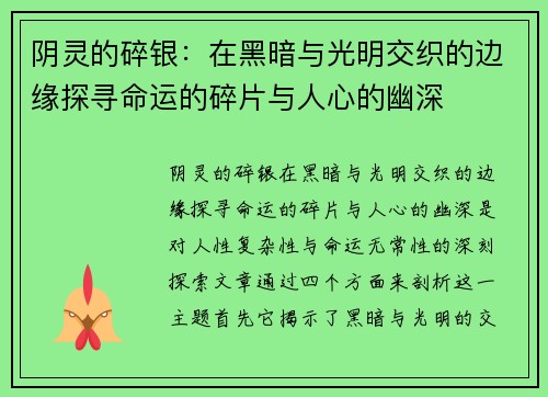 阴灵的碎银：在黑暗与光明交织的边缘探寻命运的碎片与人心的幽深