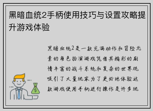 黑暗血统2手柄使用技巧与设置攻略提升游戏体验